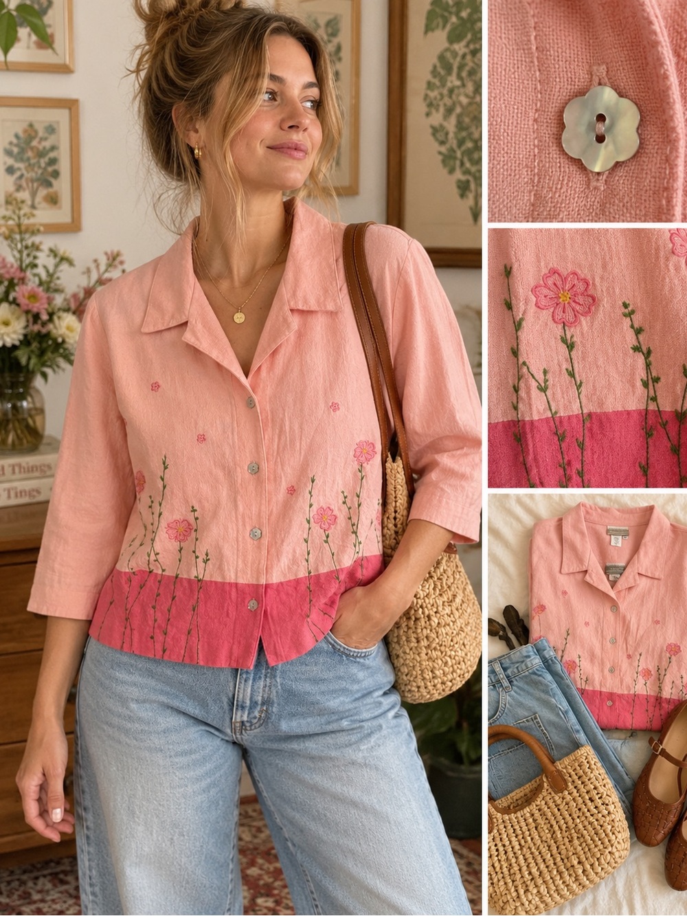 Coldwater Creek 16P Pink Embroidered Floral Cottagecore Shirt Jacket
